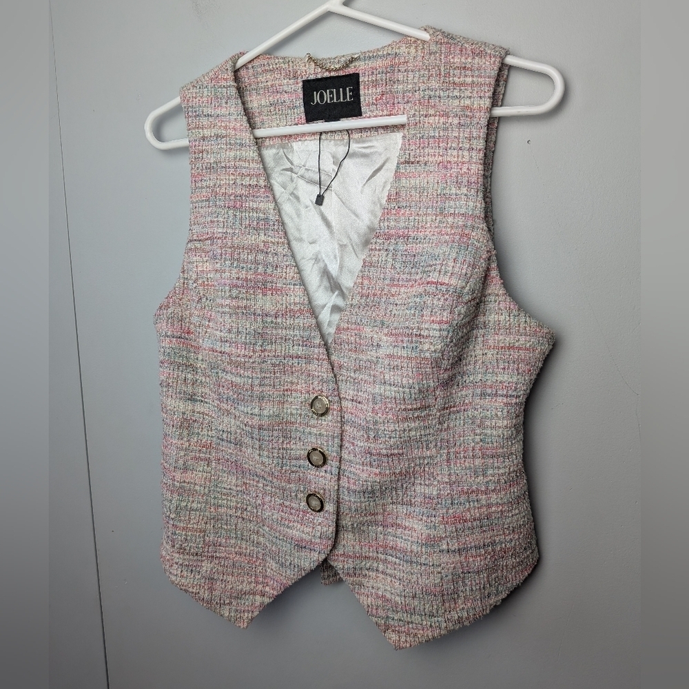 JOELLE COLLECTION Sleeveless Knit Sweater Tweed Size Medium Buttons Closure